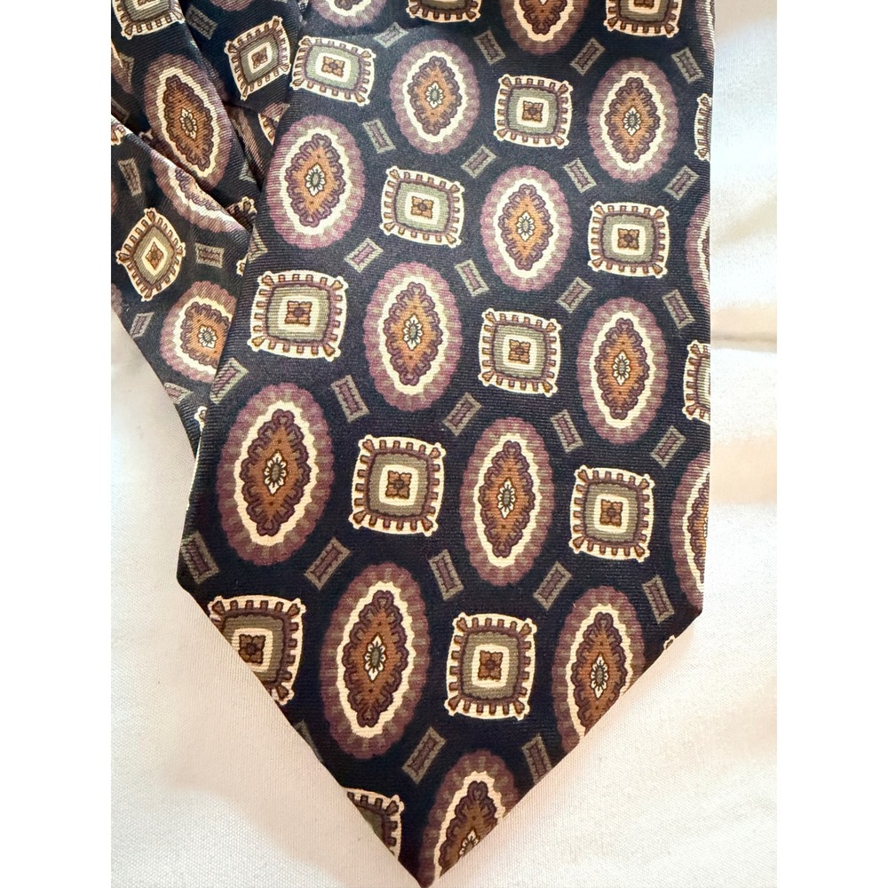 Christian Dior Monsieur Silk‎ Tie Brown Tan Geometric Medallion Vintage Mens